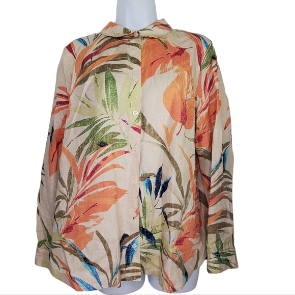 CHICO'S Linen Tropical Button Down Tab Sleeve Blouse Shirt Sz 2 12/14 Palm Leaf - Picture 3 of 11